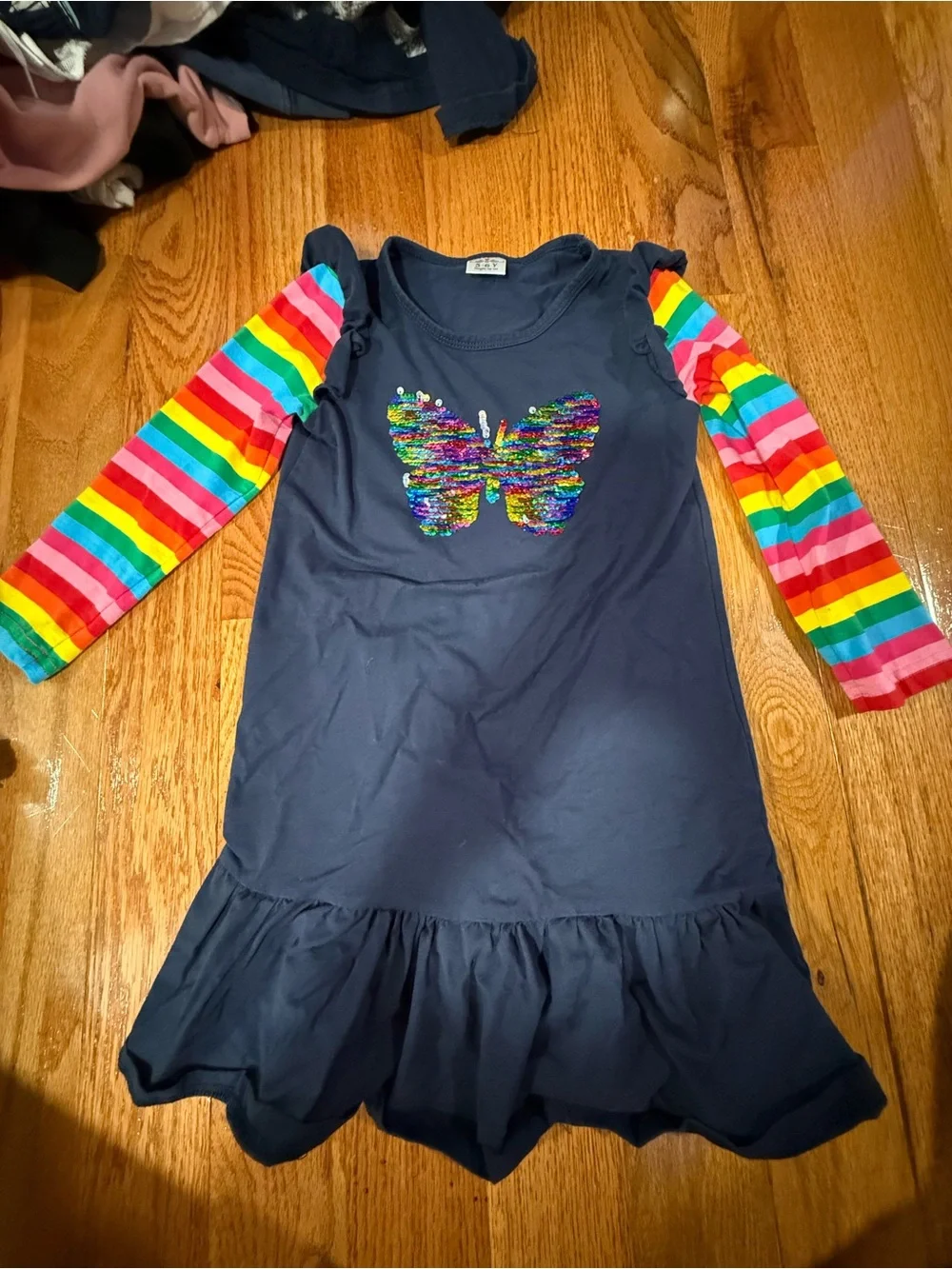 Girls' Navy Butterfly Sequin Dress with Rainbow Sleeves